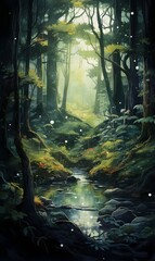 Obraz premium Detailed watercolor painting, Dark dreamy enchanted magical forest with tall trees, green foliage, nature invitation card, wallpaper, banner