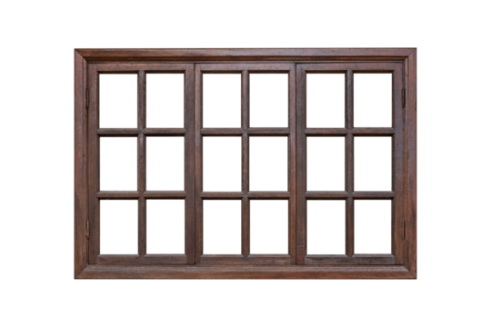 Triple wooden window isolated on transparent background