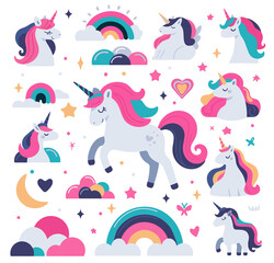 Illustration of a cute unicorns, rainbows, cute clouds, hearts and stars, vector image of 6 colors,...