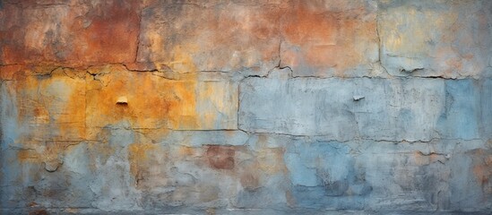 A detailed view of a weathered wall with peeling and rusted paint, showcasing a distressed and aged...
