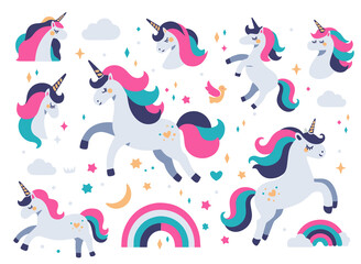 Illustration of a cute unicorns, rainbows, cute clouds, hearts and stars, vector image of 6 colors, suitable for silk screen printing