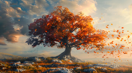An ancient tree whose leaves change color with the emotions of those who touch it. - obrazy, fototapety, plakaty