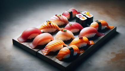 Sushi Nigiri et Maki sur Support en Bois, Vue du Dessus