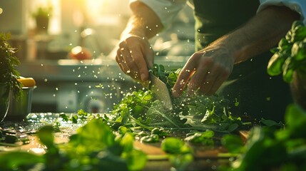 Random chef chopping green leafy vegetables, photorealistic texture, sunlight filtering in ,3DCG,high resulution,clean sharp focus - obrazy, fototapety, plakaty