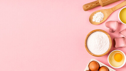 Ingredients and utensils for baking on a pastel background. - obrazy, fototapety, plakaty