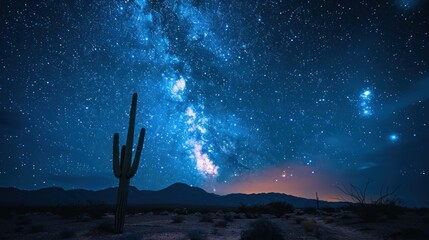 A cactus is standing in a desert at night - obrazy, fototapety, plakaty
