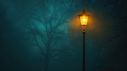 A single street lamp stands out, casting a warm glow that pierces the eerie fog, creating haunting shadows of bare branches. - obrazy, fototapety, plakaty