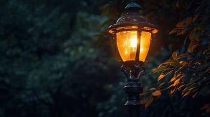 A vintage street lamp radiates a warm glow amidst the dark green leaves of surrounding trees at dusk.