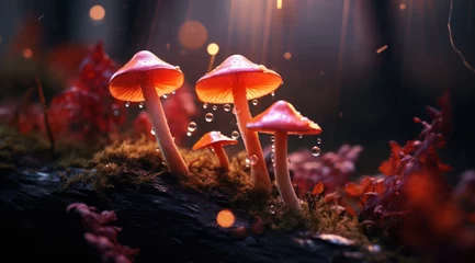 Foto op Plexiglas a group of mushrooms with water drops on them © Xanthius