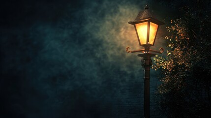A vintage lamp post glows warmly against a dark, textured backdrop, highlighting the green foliage in the night.