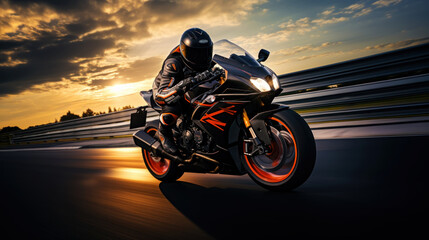 Photo of a rider on a sports motorcycle on an asphalt road. An atmosphere of speed and power. Generative AI