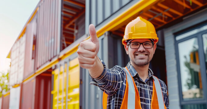 A man wearing a hard hat and work attire, extending his thumb up in a positive gesture of approval