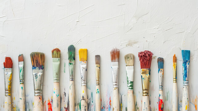 Vibrant paint-covered brushes spread across a white canvas, depicting the chaotic beauty of the art creation process