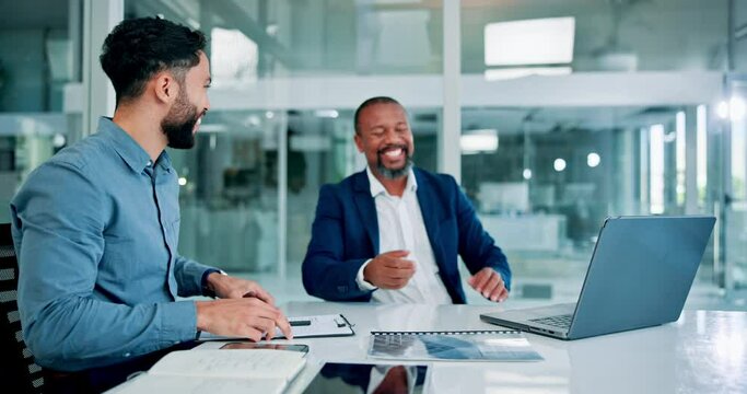 Contract, men or happy business people shaking hands in office discussion or b2b negotiation. Smile, collaboration or worker with handshake to welcome a proud employee speaking of partnership deal