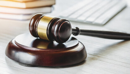Obraz premium Brown wooden judge gavel on gray background