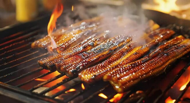 Unagi is being grilled over a fire, Japanese eel meat barbecue, traditional Japanese food