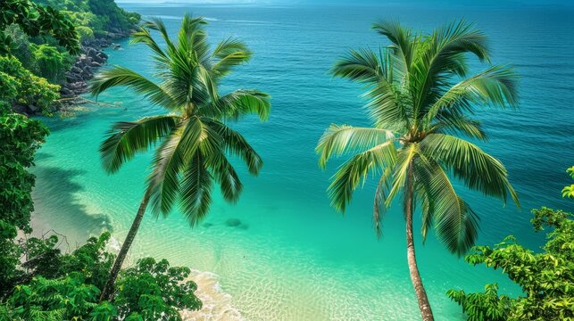 Tropical Paradise, Lush green palm trees against a backdrop of a turquoise sea, summer background