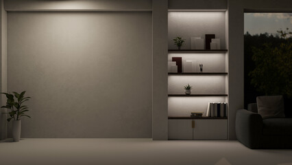 A contemporary spacious living room at night features an empty white wall under dim light.