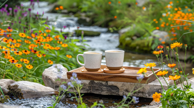 Two cups of fresh coffee on bamboo tray rest among vibrant wildflowers, by a babbling brook, offering a tranquil moment to savor nature's serene embracea and fresh air. Healthy lifestyle