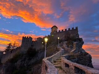 Medieval castle with orange sunset