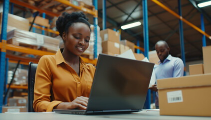 A woman is sitting in a warehouse, focused on her laptop screen, possibly managing an online shop. - obrazy, fototapety, plakaty