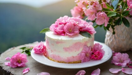 raspberry mousse cake with pink flowers 