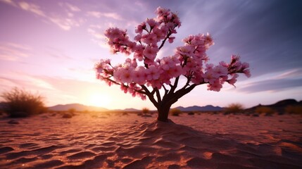 a tree with pink flowers growing out of sand - obrazy, fototapety, plakaty