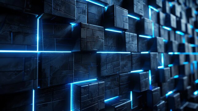 Futuristic, high-tech wall texture with 3D rectangle tile pattern and blue lines on a dark background