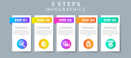 Steps infographics design layout template including icons of research, sampling, marketing, opinion and customer satisfaction. Creative presentation with 5 steps concept.