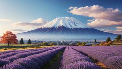Japan's landmark Mount Fuji in different seasons and angles, from its majestic snow-capped peak to the surrounding fields of lavender or autumn leaves at its base. generative AI