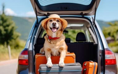 Dog sitting in the car's trunk with luggage