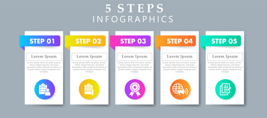 Steps infographics design layout template including icons of survey, sampling, quality, marketing and results. Creative presentation with 5 steps concept.