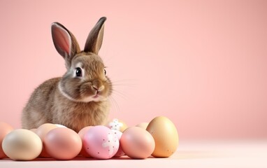 Fototapeta na wymiar Adorable bunny with colorful Easter eggs