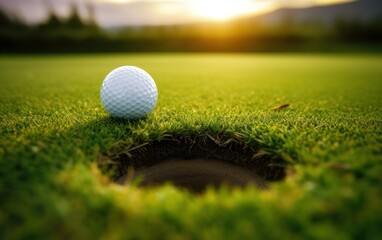 Golf ball near the hole on sunset green