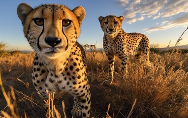 Cheetah duo peering through the wilderness