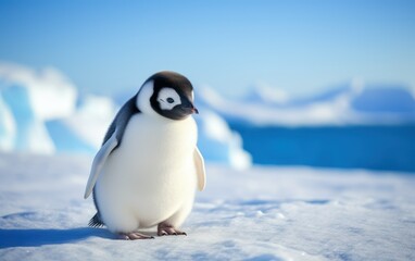 Fototapeta premium Solo Emperor Penguin chick in snowy terrain