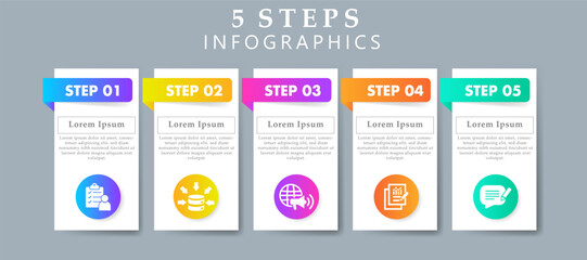 Steps infographics design layout template including icons of survey, data collection, marketing, results and feedback. Creative presentation with 5 steps concept.