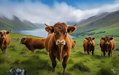 Fototapeta premium Herd of Highland cows in lush green valley