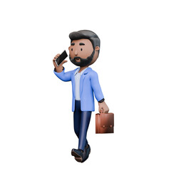 Businessman in a blue suit is talking on his cell phone while holding a briefcase. Concept of professionalism and busyness, as the man is likely on his way to or from work