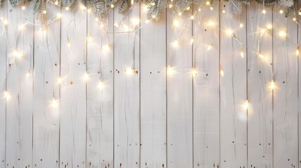 Christmas lights burning on a white wooden background. Xmas background.