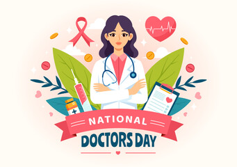 National Doctors Day Vector Illustration with Doctor, Stethoscope and Medical Equipment for Dedication and Contributions in Flat Cartoon Background