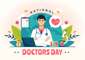 National Doctors Day Vector Illustration with Doctor, Stethoscope and Medical Equipment for Dedication and Contributions in Flat Cartoon Background