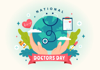 National Doctors Day Vector Illustration with Doctor, Stethoscope and Medical Equipment for Dedication and Contributions in Flat Cartoon Background