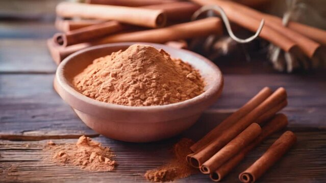 Bowl of cinnamon powder and sticks on rough wooden table