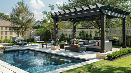 A cozy backyard living space is elegantly arranged with stylish outdoor furniture beside a glistening pool, all under the shade of a charming pergola