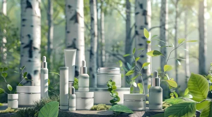 Türaufkleber Set of skincare beauty cosmetic products stand on podium birch forest. © kardaska