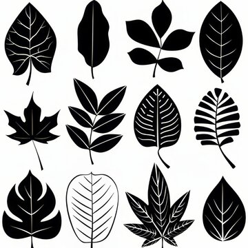 Clip art illustration with various types of leaf black color on a white background.	