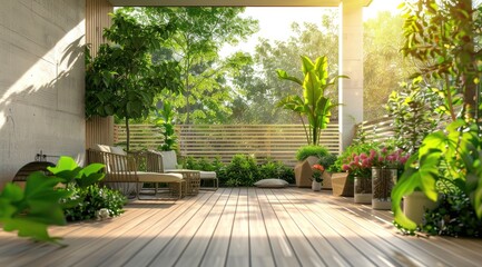 Beautiful of modern terrace with deck flooring and fence, green potted flowers plants and outdoors furniture.