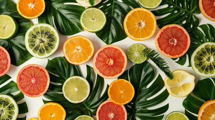 A creative display of sliced fruits, each piece carefully placed amidst green tropical foliage, creates a striking pattern set against a white backdrop, perfectly captured in a top view flat lay