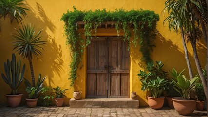 Fototapeta na wymiar Mexican colonial background with yellow walls with vine plants